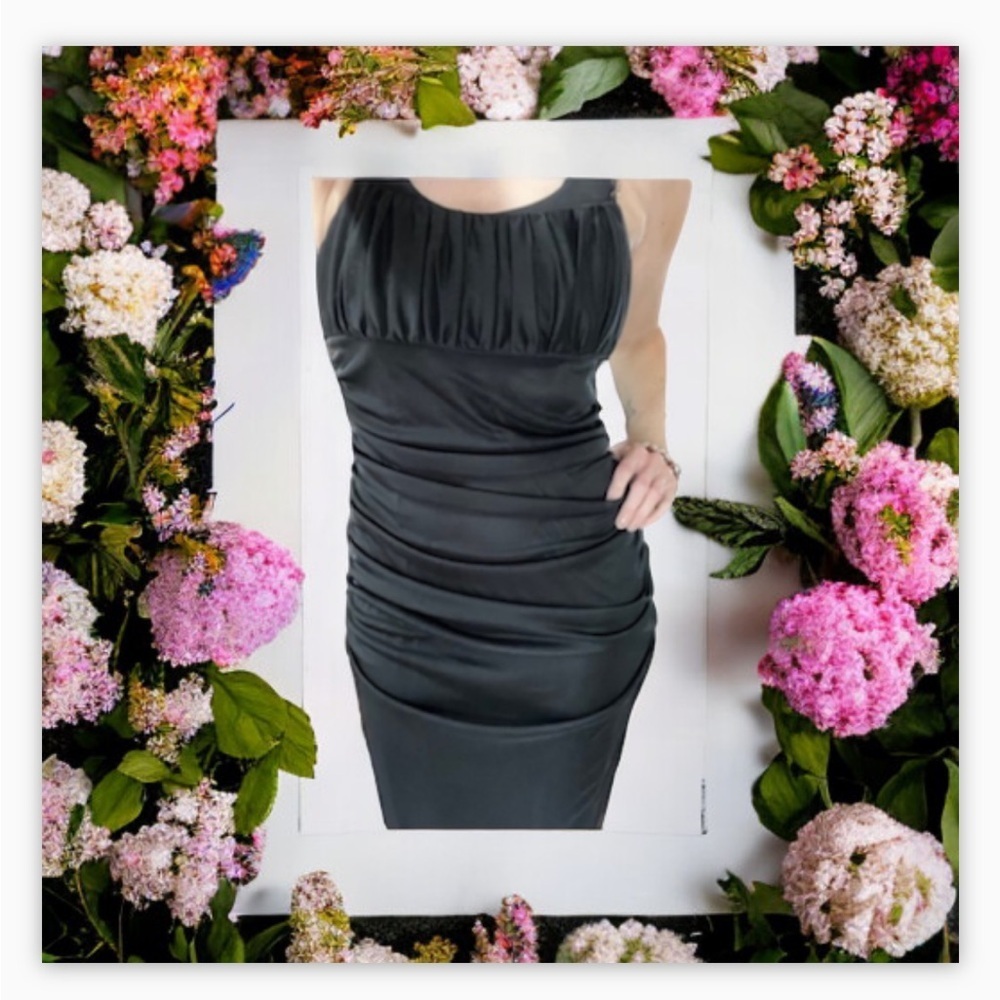 VTG-Y2K Amazing Satin black -ruched dress -diamond accents- LBD!!​​​​​Sz M EUC🖤